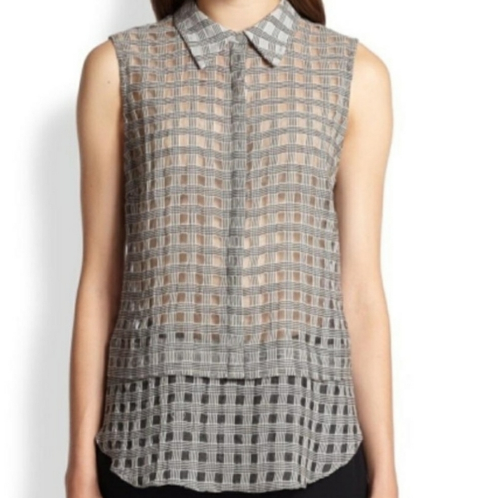A.L.C. white black cotton silk plaid sleeveless button down shirt 2
